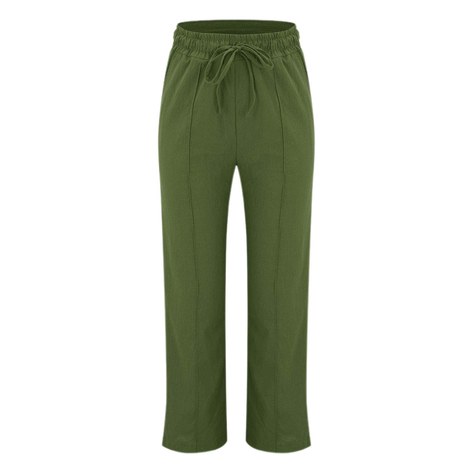 thumbnail image 4 of Pantalones anchos de lino de cintura alta para mujer - Pantalones ligeros e informales para la playa en verano, cintura ajustable, 4 of 6